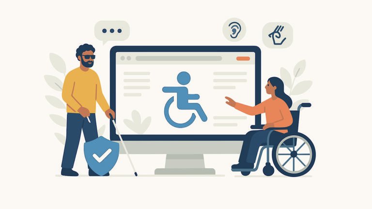 illustration of people walking with a white can and someone in a wheelchair pointing at a computer screen