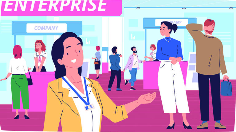 cartoon of woman welcoming you to a tradeshow booth