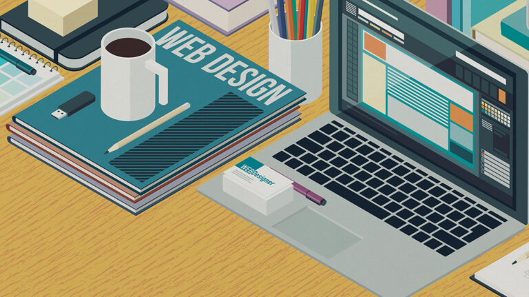 illustration of web design book, a cup of coffee, and a computer