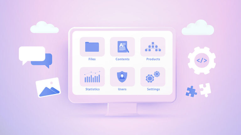 various computer icons such as folders, analytics bar graphs, shields to designate security, gears for settings, on a purple background